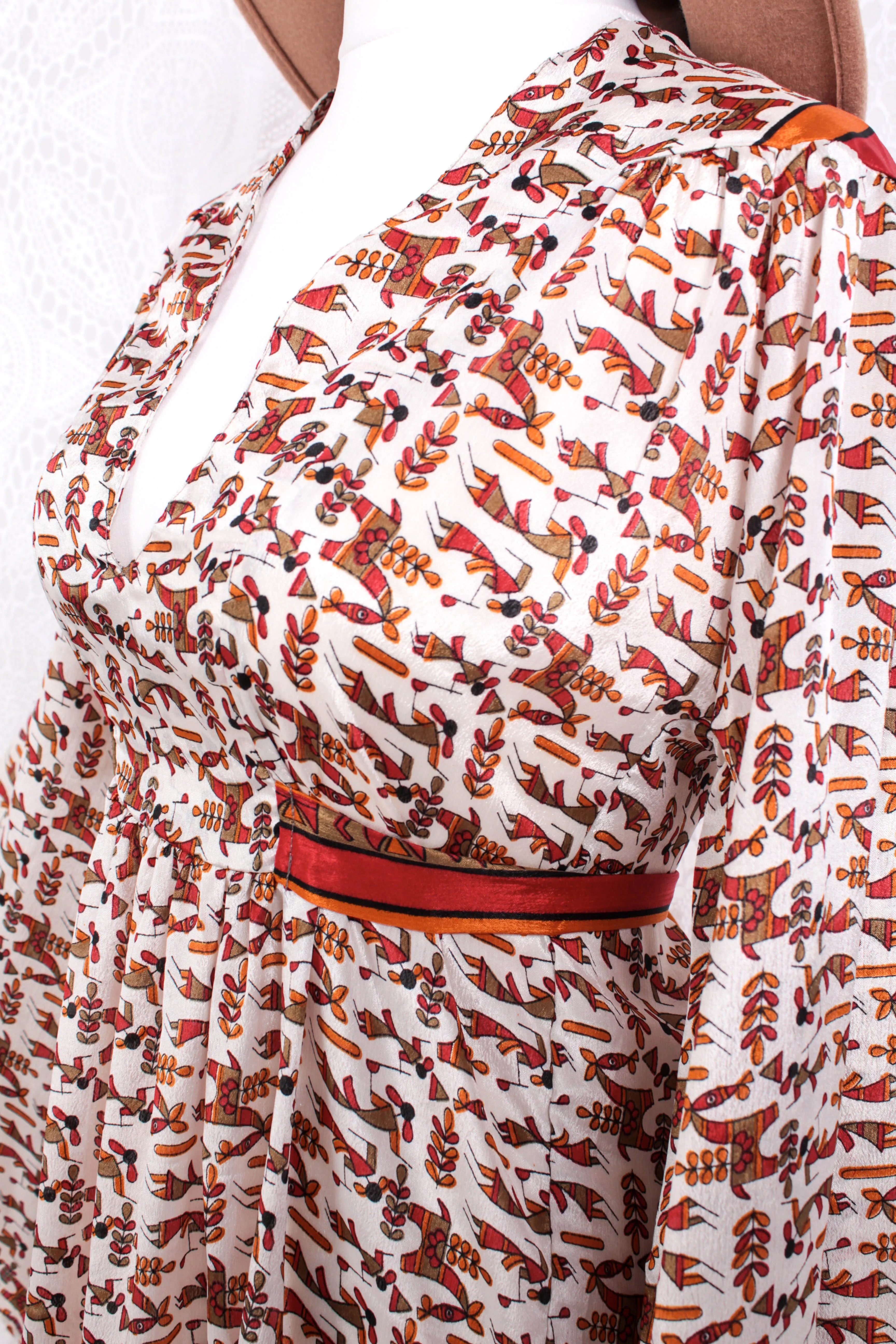 Stevie Maxi Dress - Vintage Indian Sari - Powder, Red & Amber Illustrations - XS