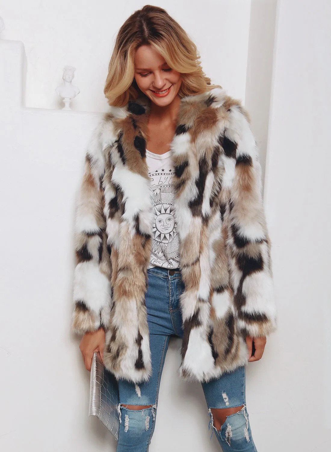 Tailored Collar Faux Fur Long Sleeve Fall Winter Coat