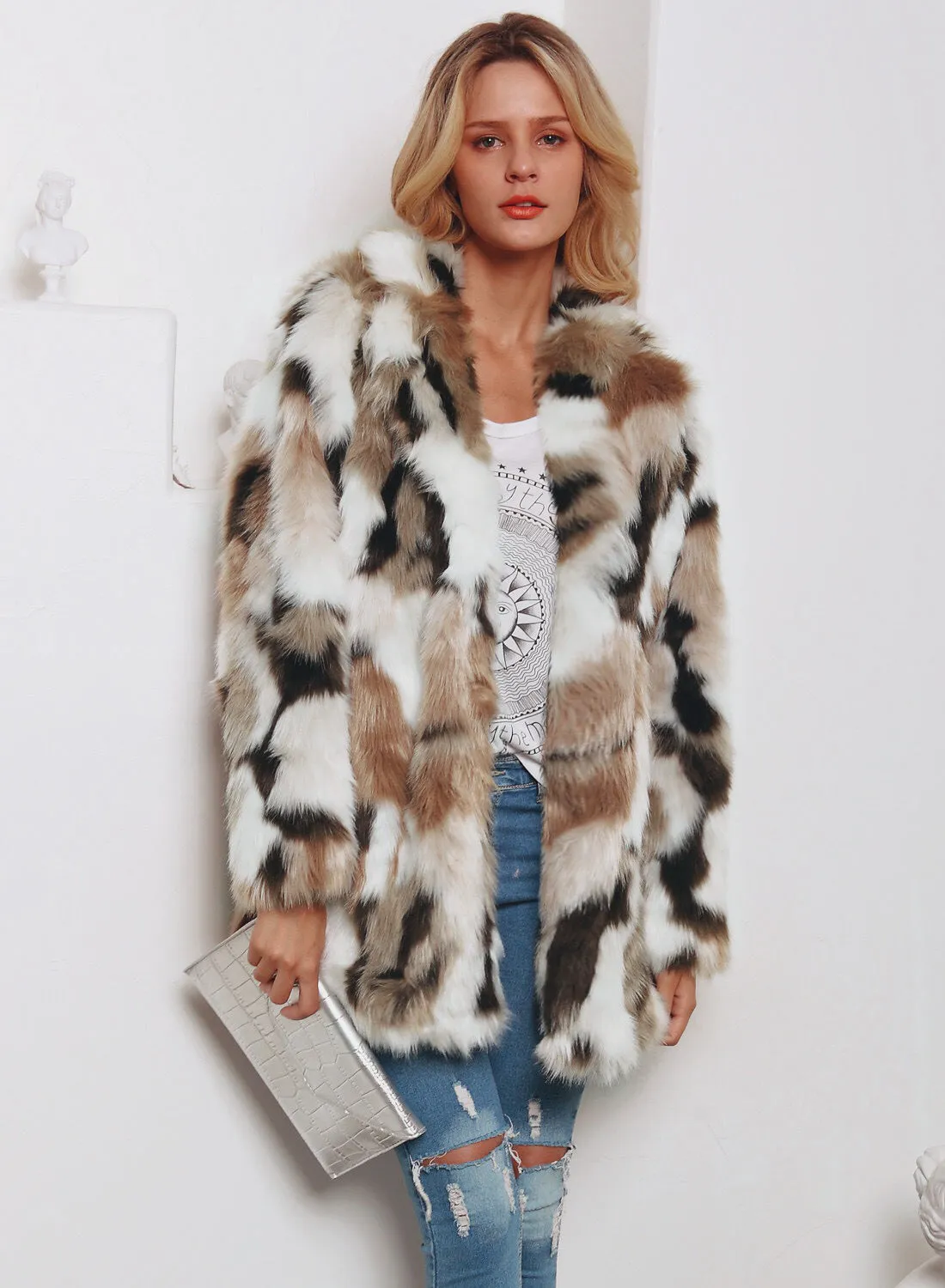 Tailored Collar Faux Fur Long Sleeve Fall Winter Coat