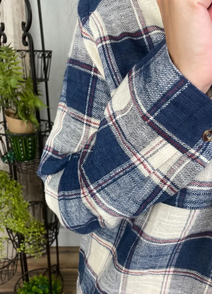 Textured Plaid Button Down Top in White/Navy by Kori America