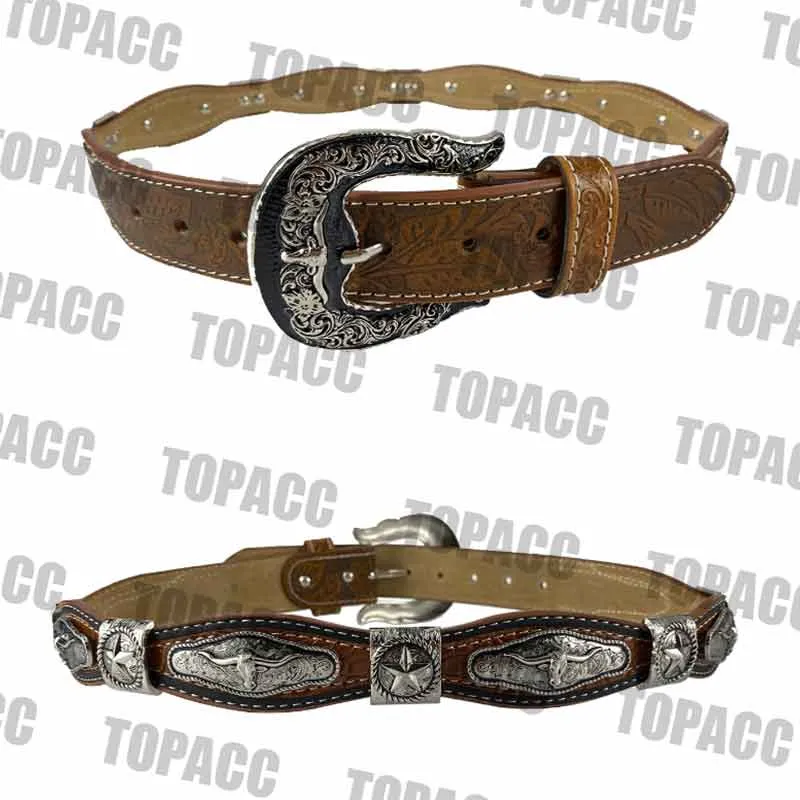 TOPACC Western Super Concho Silver Longhorn Cow Bull Brown Country Belts Genuine Leather