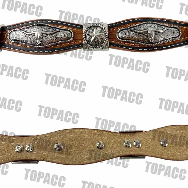 TOPACC Western Super Concho Silver Longhorn Cow Bull Brown Country Belts Genuine Leather