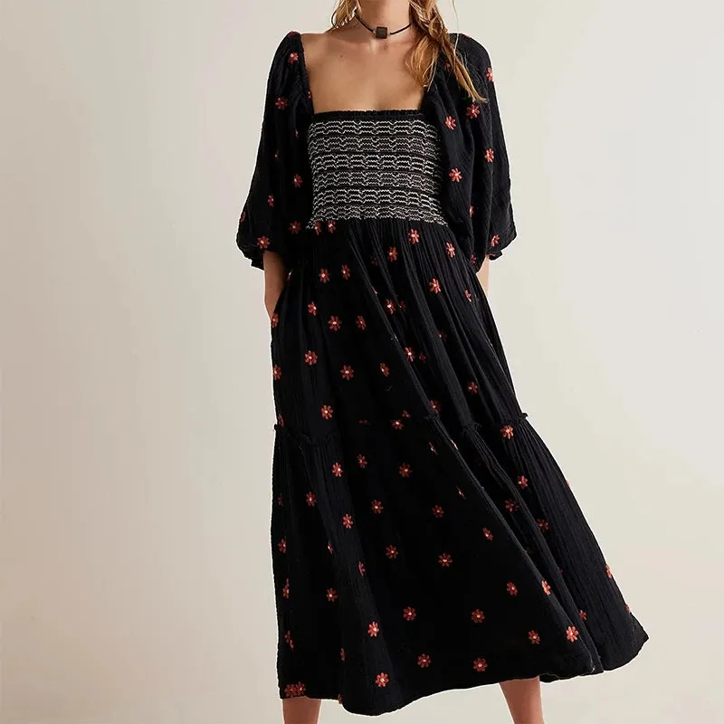 Uniwim聽Beach Style Holiday Ruffle Swing A Line Maxi Dress Bohemian Floral Dress Women Lady Square Neck Long Sleeve Club Party Dress
