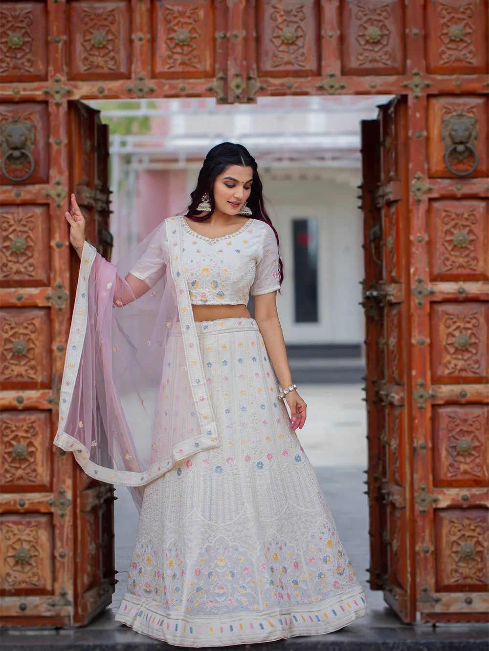 White Color  Lucknowi Work Georgette Chaniya Choli