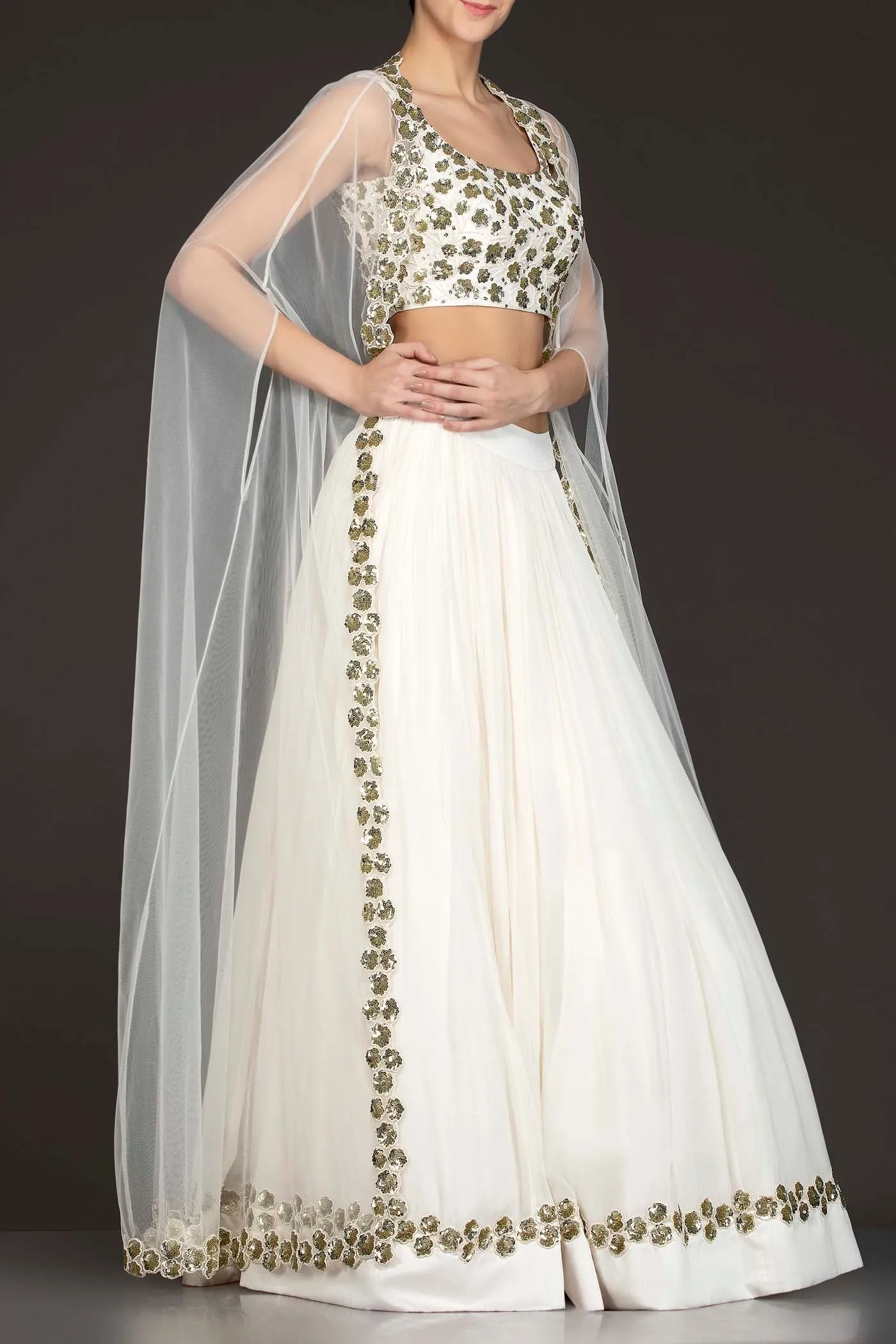 White Georgette Skirt With Net Cape And Silk Top