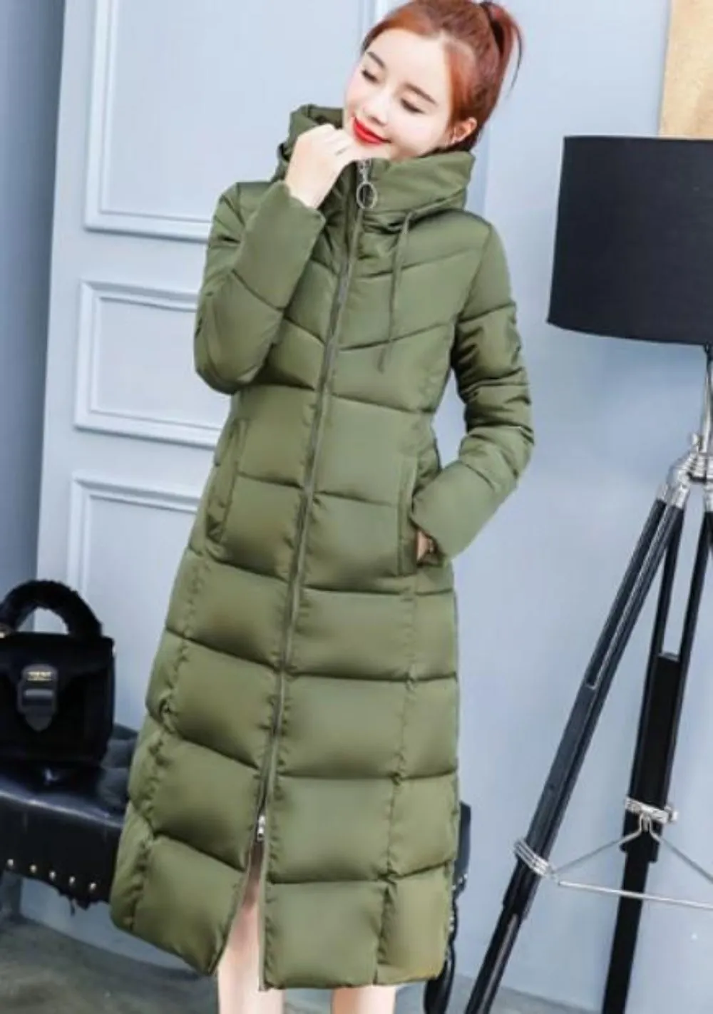 Womens Classic Puffer Hooded Long Coat in Brown