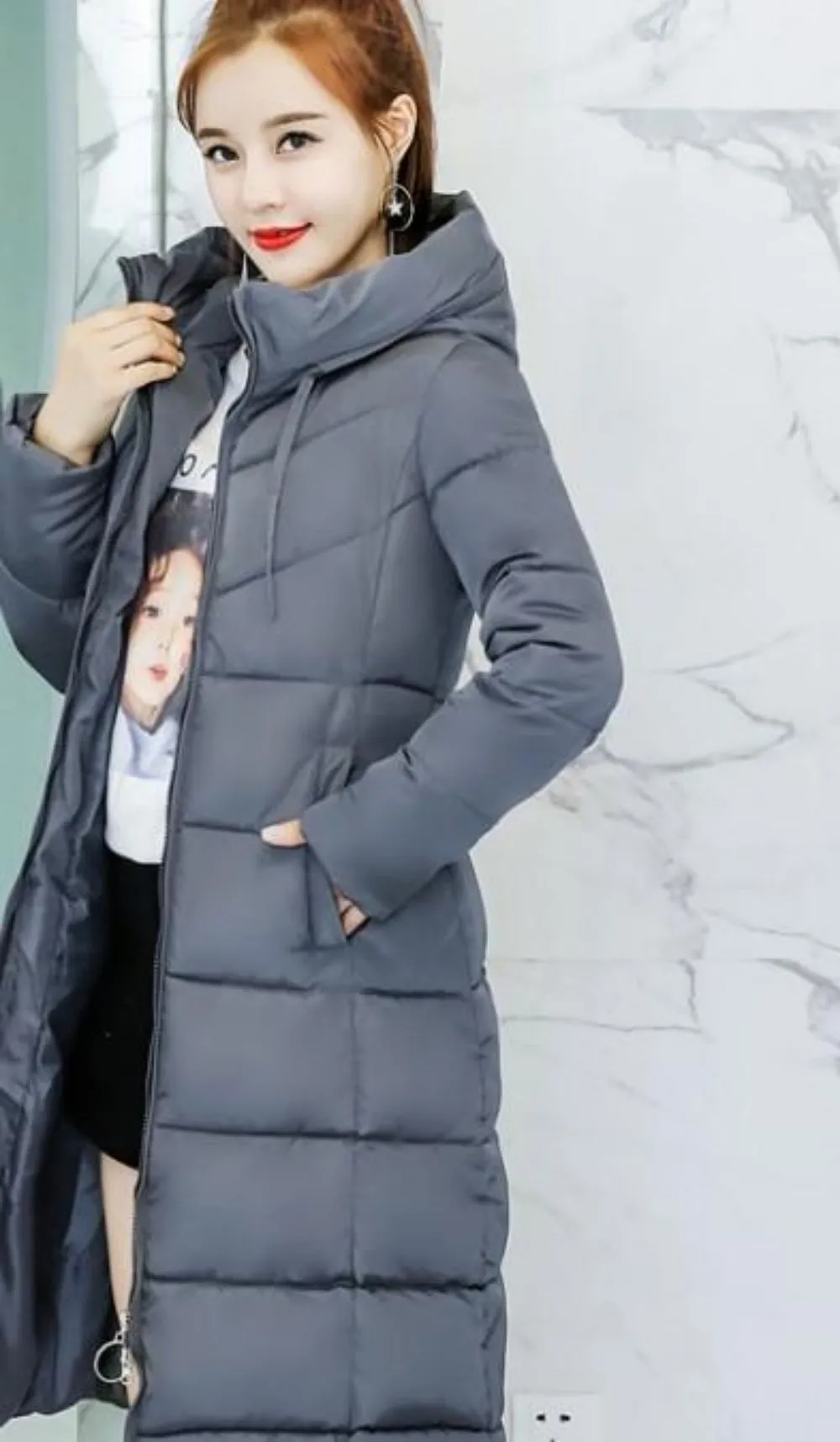Womens Classic Puffer Hooded Long Coat in Brown