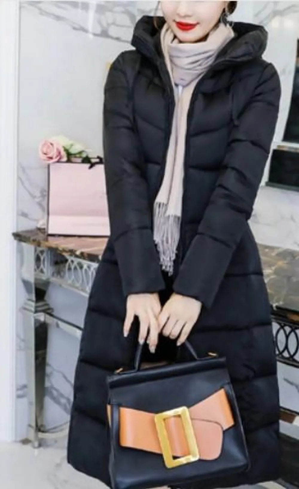 Womens Classic Puffer Hooded Long Coat in Brown