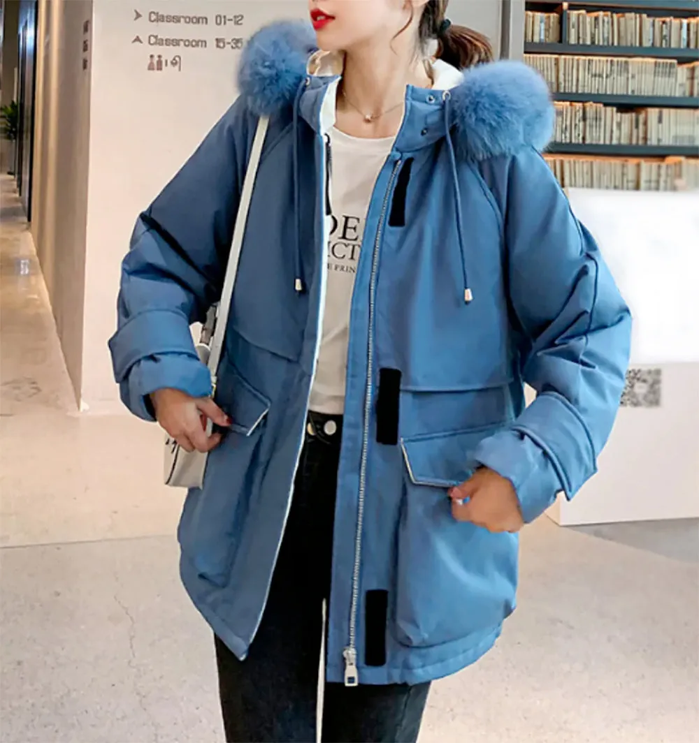 Womens Mid Length Zipper Coat with Furry Hood