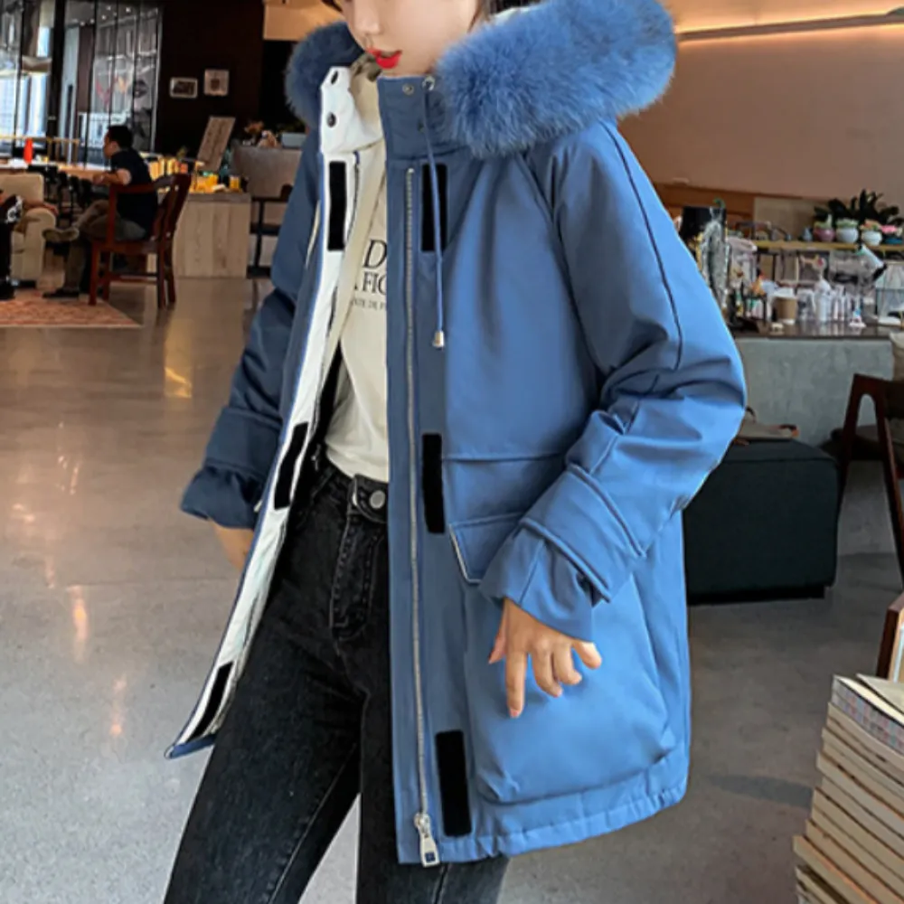 Womens Mid Length Zipper Coat with Furry Hood