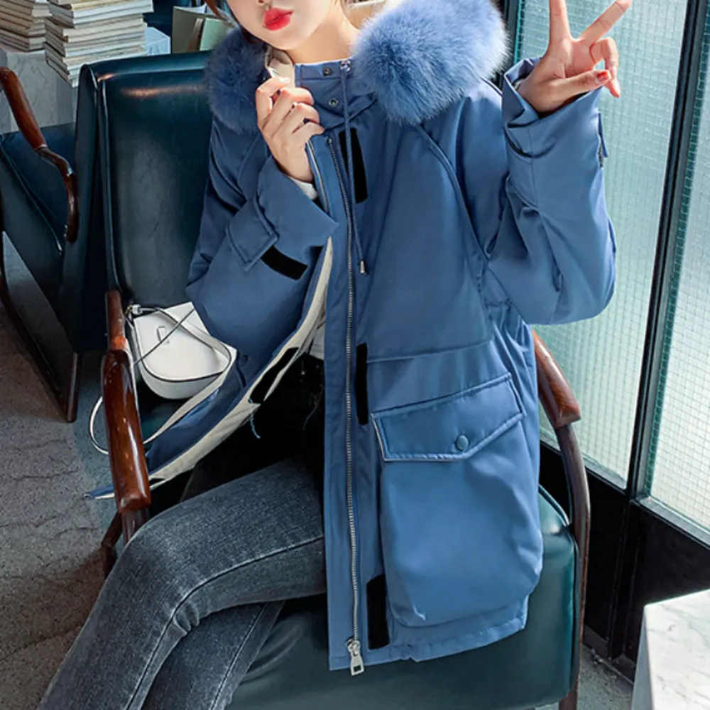 Womens Mid Length Zipper Coat with Furry Hood