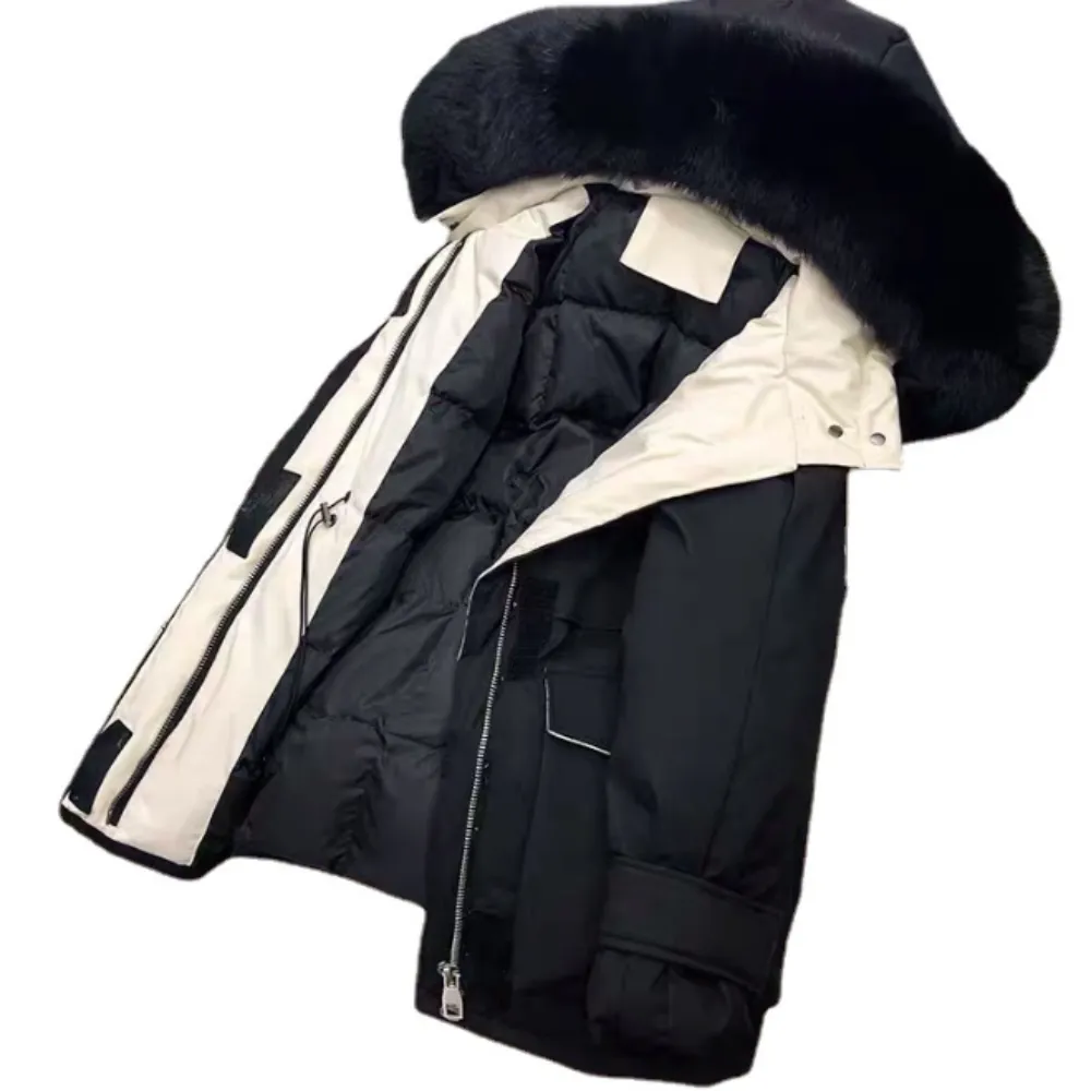 Womens Mid Length Zipper Coat with Furry Hood