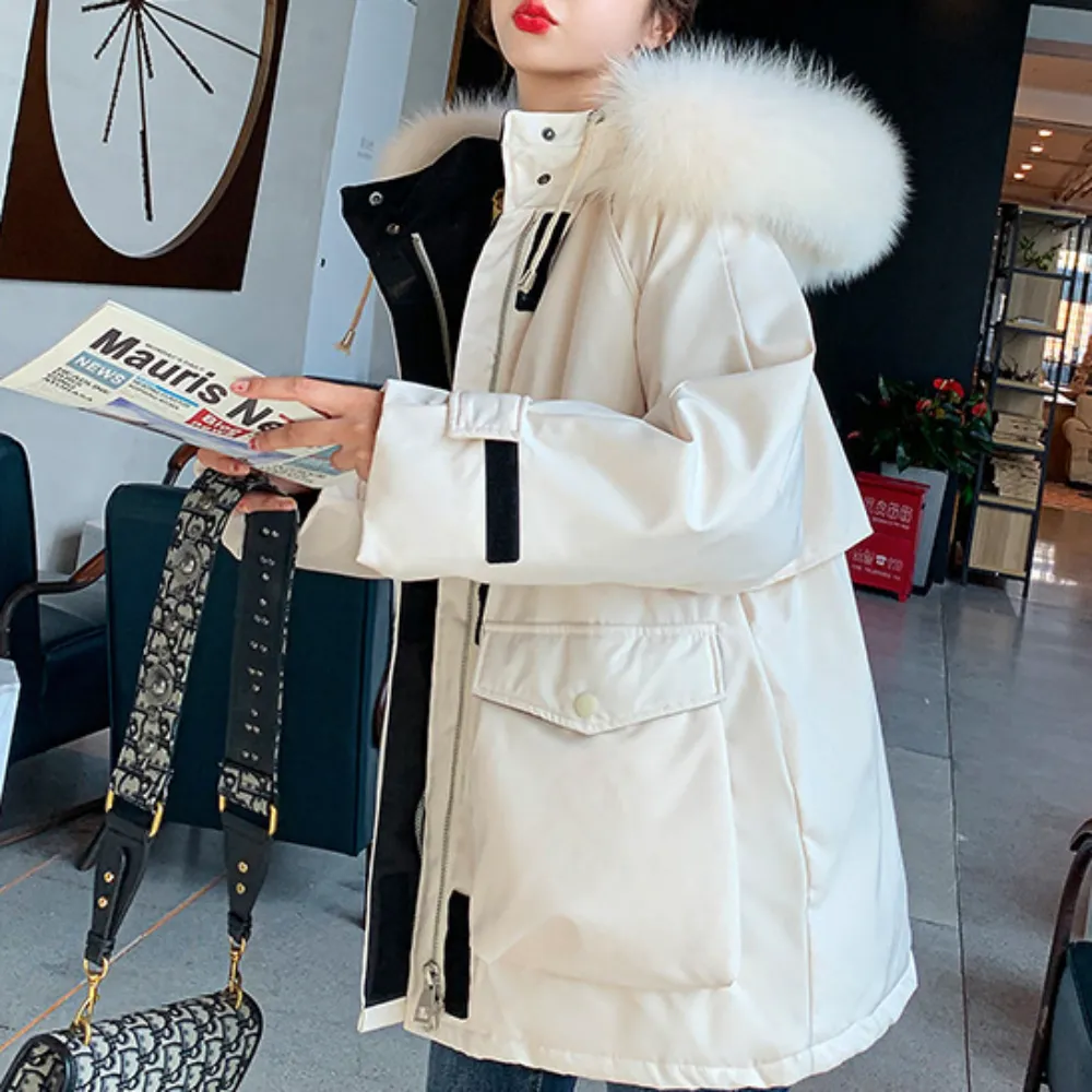 Womens Mid Length Zipper Coat with Furry Hood
