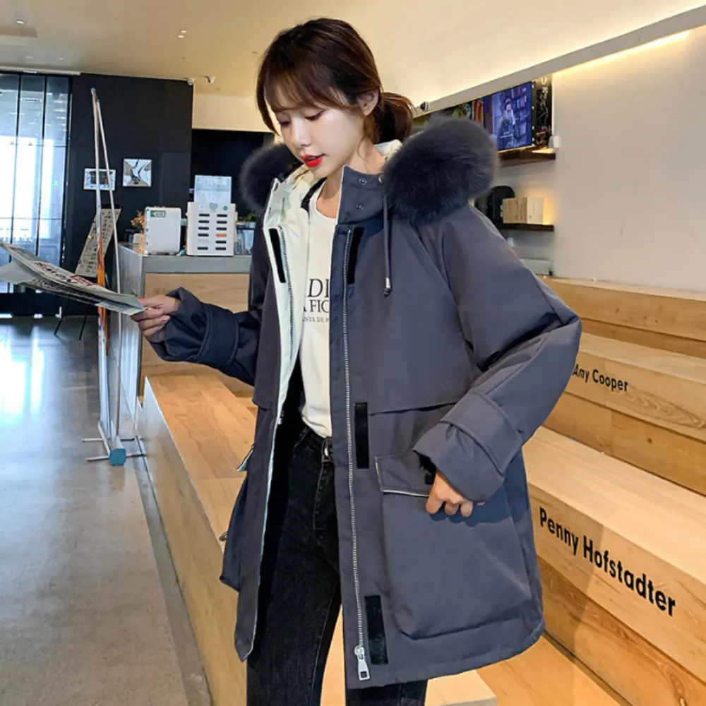 Womens Mid Length Zipper Coat with Furry Hood